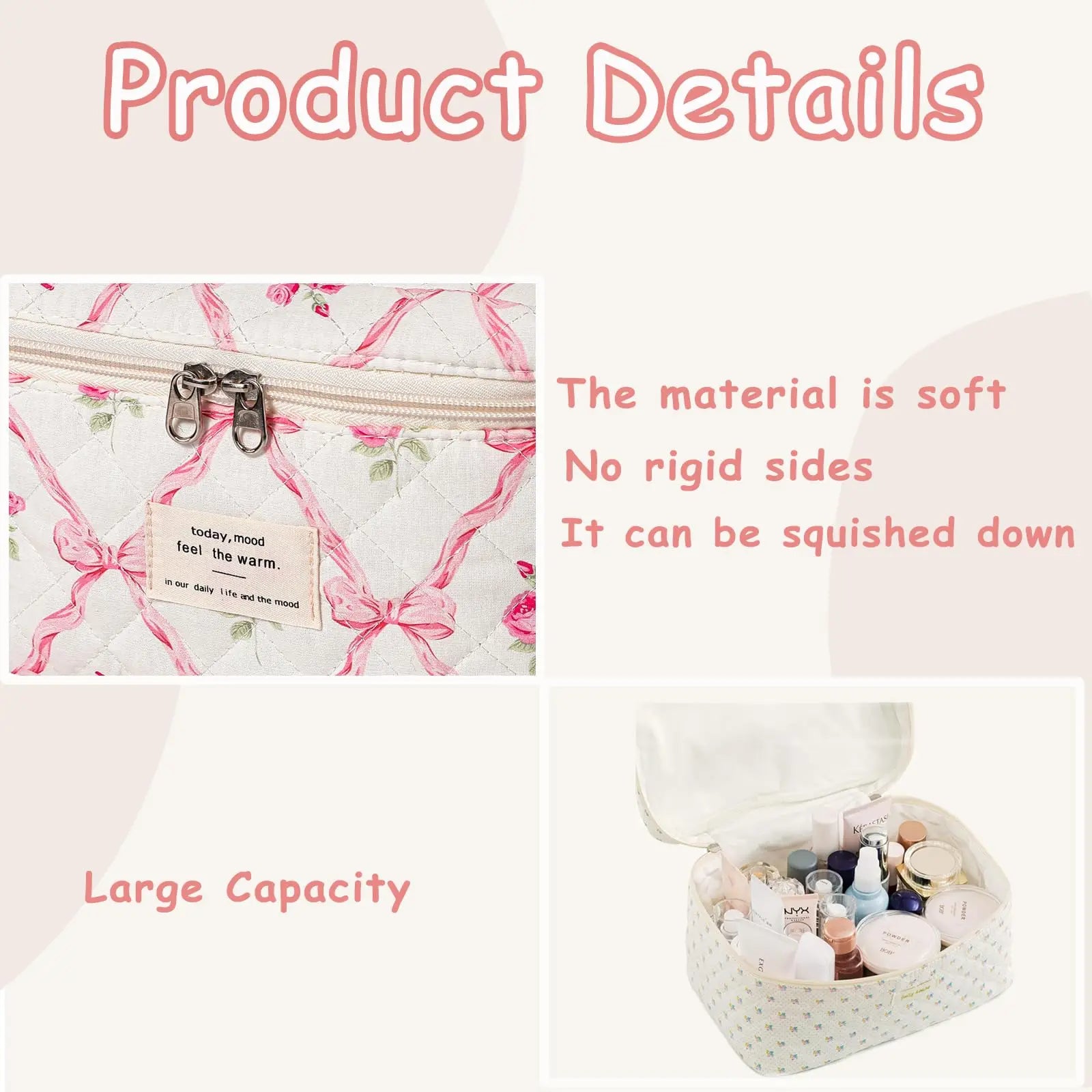 Cute Quilted Cotton Makeup Bag for Women Clean Vanilla Store