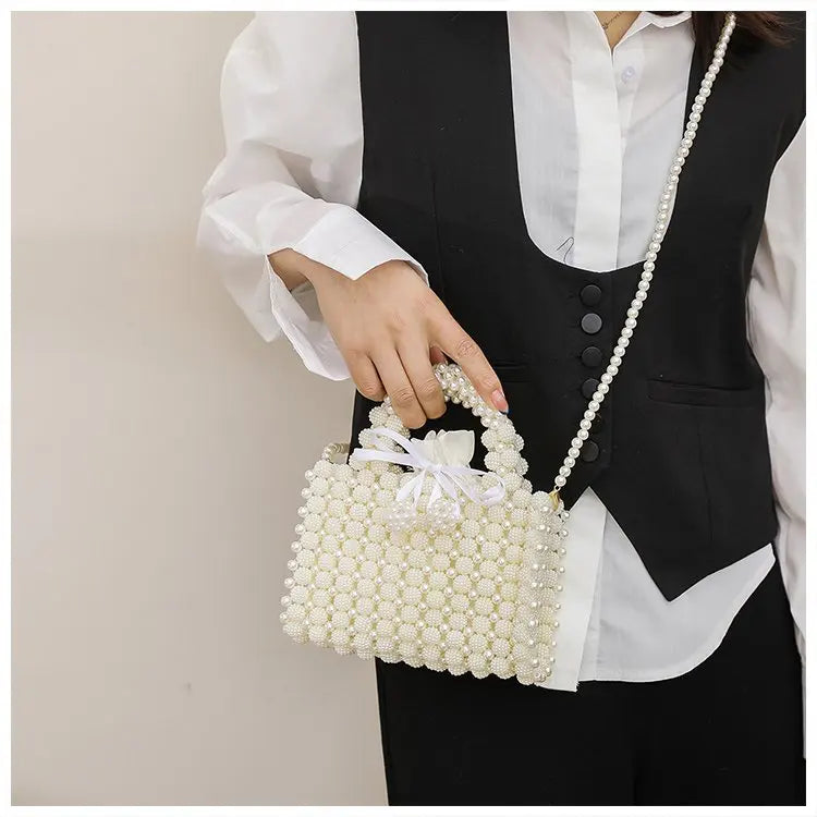 Noble Crystal Beaded Evening Bag with Pearl Chain Clean Vanilla Store