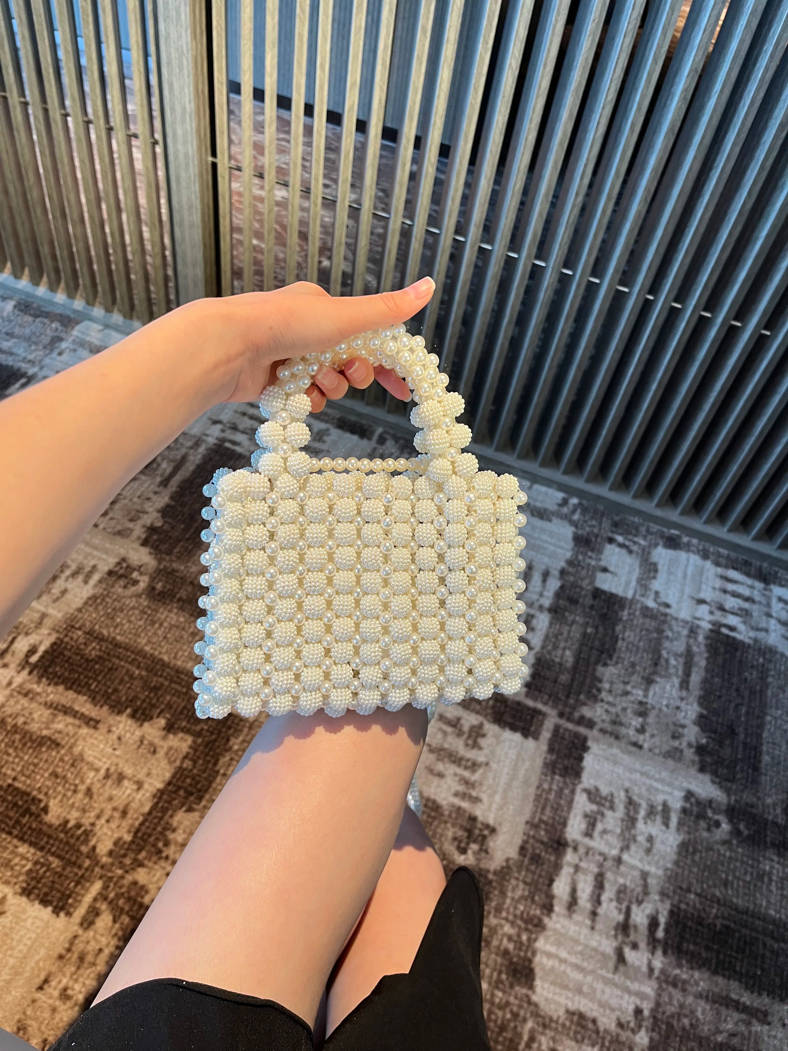 Noble Crystal Beaded Evening Bag with Pearl Chain Clean Vanilla Store