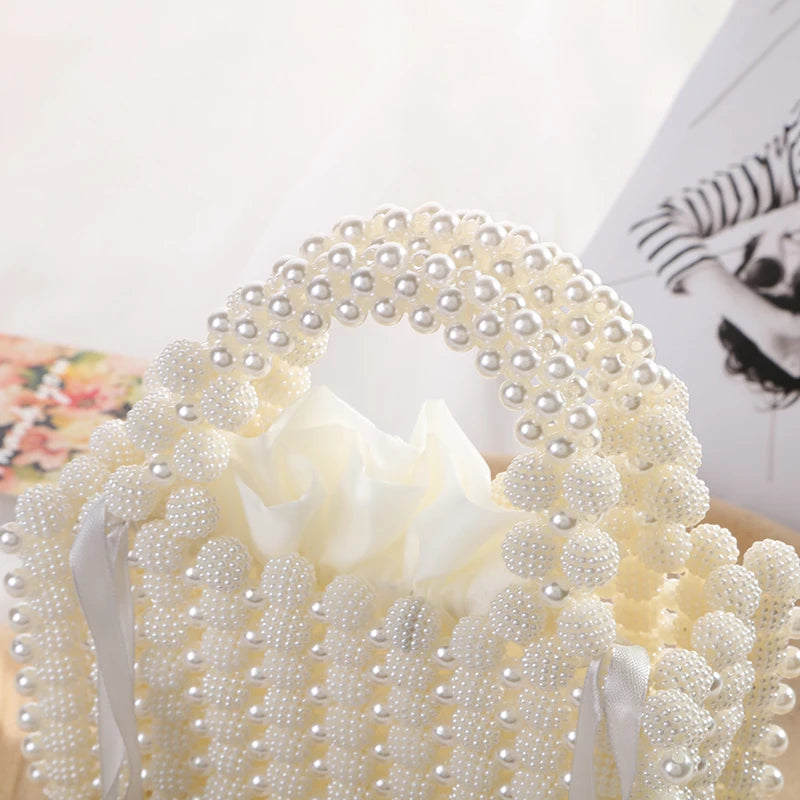 Noble Crystal Beaded Evening Bag with Pearl Chain Clean Vanilla Store