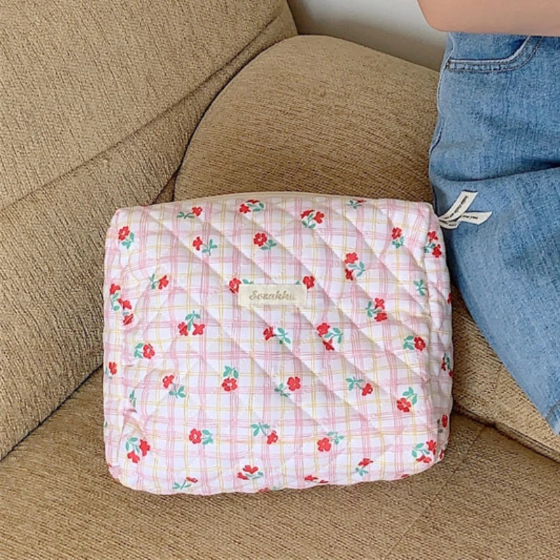 Quilted Cotton Retro Cherry Travel Cosmetic Bag Clean Vanilla Store