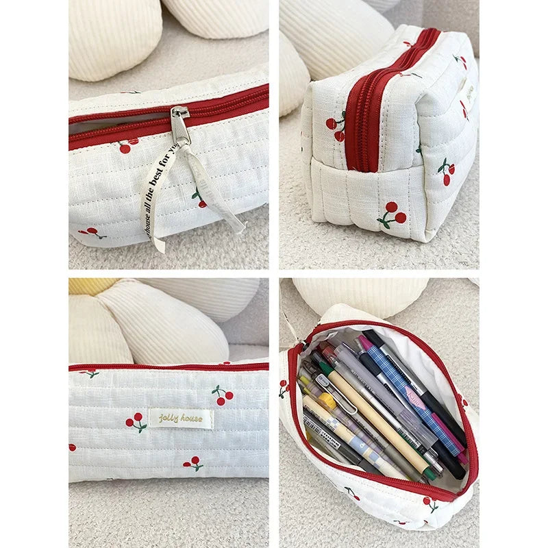 Quilted Cotton Retro Cherry Travel Cosmetic Bag Clean Vanilla Store