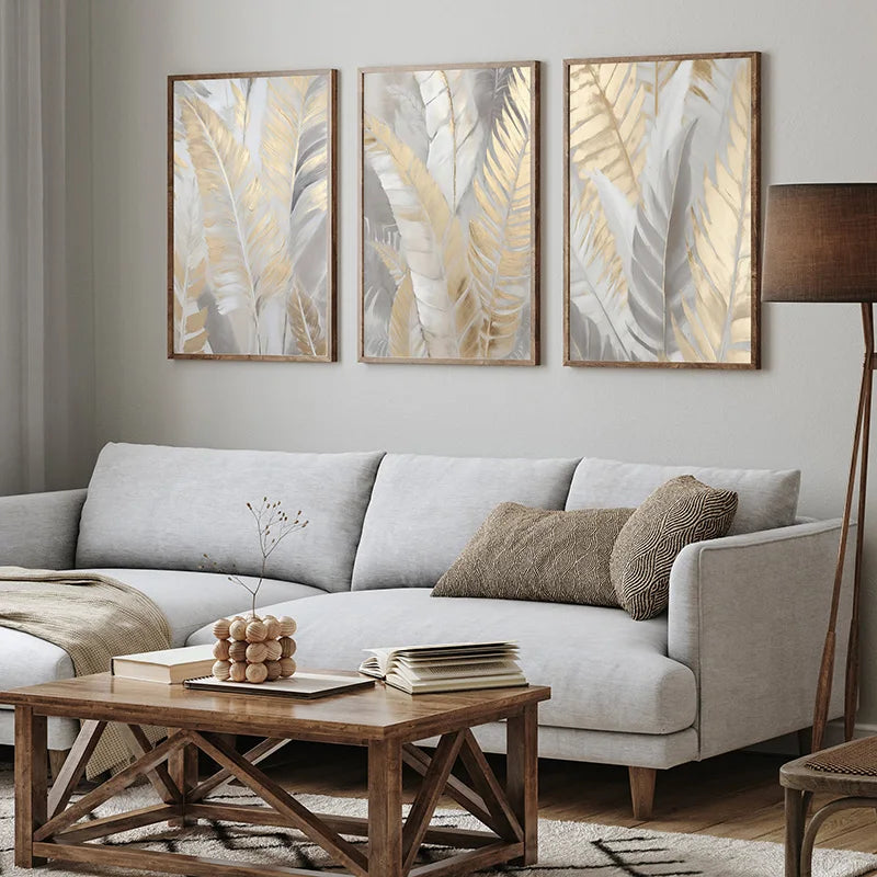 Nordic Gold Feather Canvas Painting Abstract Wall Art Clean Vanilla Store