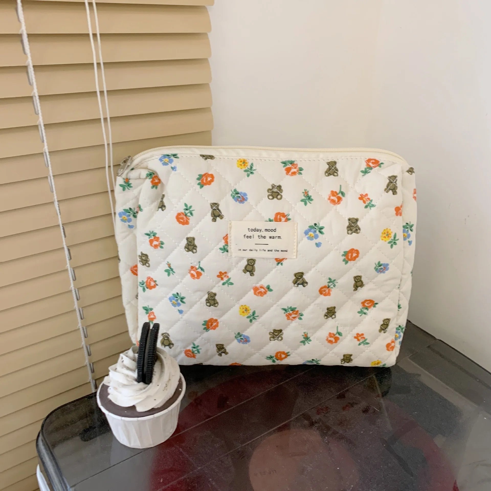 Quilted Cotton Retro Cherry Travel Cosmetic Bag Clean Vanilla Store