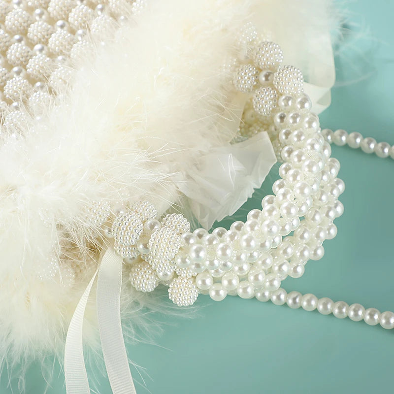 Noble Crystal Beaded Evening Bag with Pearl Chain Clean Vanilla Store
