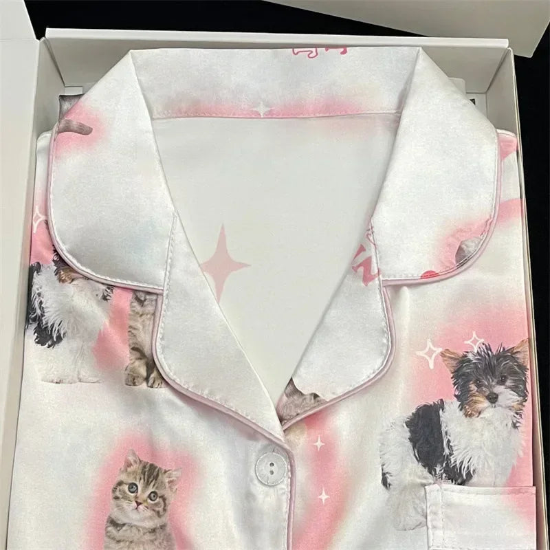 Kawaii Youth Girl's Cute Cat Satin PJs Set Clean Vanilla Store