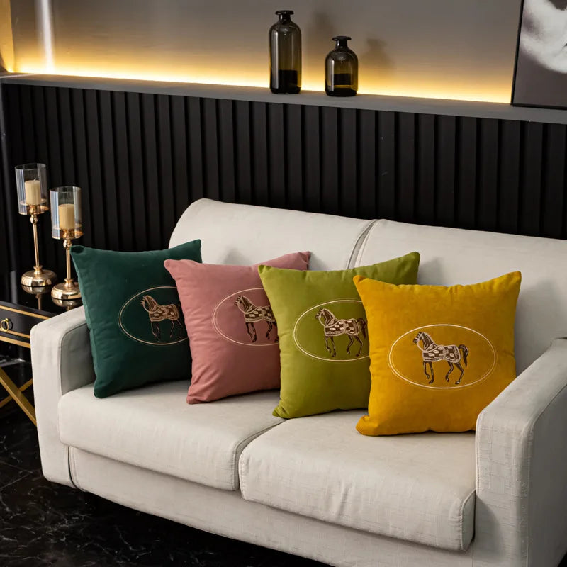 American Hand-Embroidered Cushion Cover Horse Pattern 45cm Clean Vanilla Store