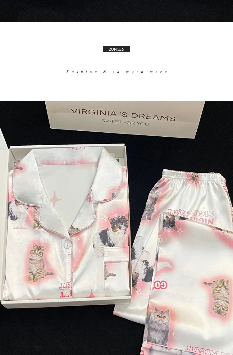 Kawaii Youth Girl's Cute Cat Satin PJs Set Clean Vanilla Store