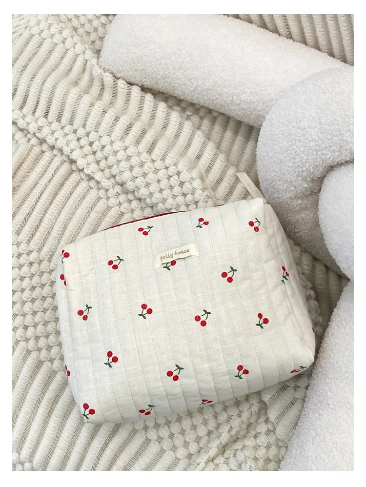 Quilted Cotton Retro Cherry Travel Cosmetic Bag Clean Vanilla Store