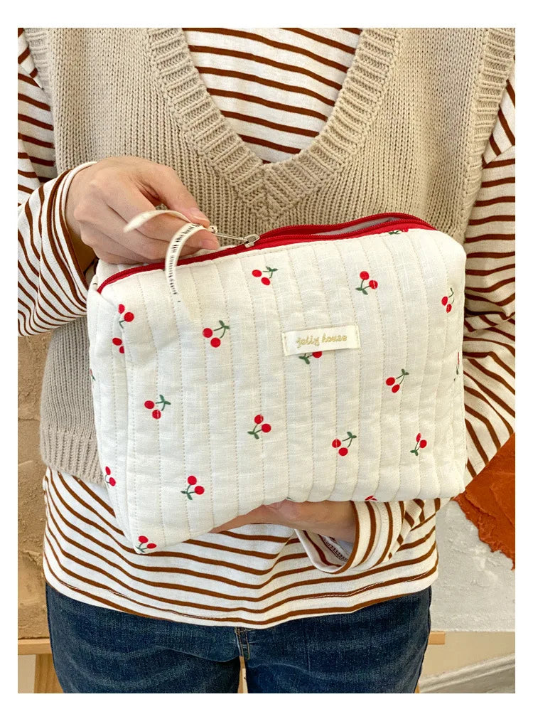 Quilted Cotton Retro Cherry Travel Cosmetic Bag Clean Vanilla Store