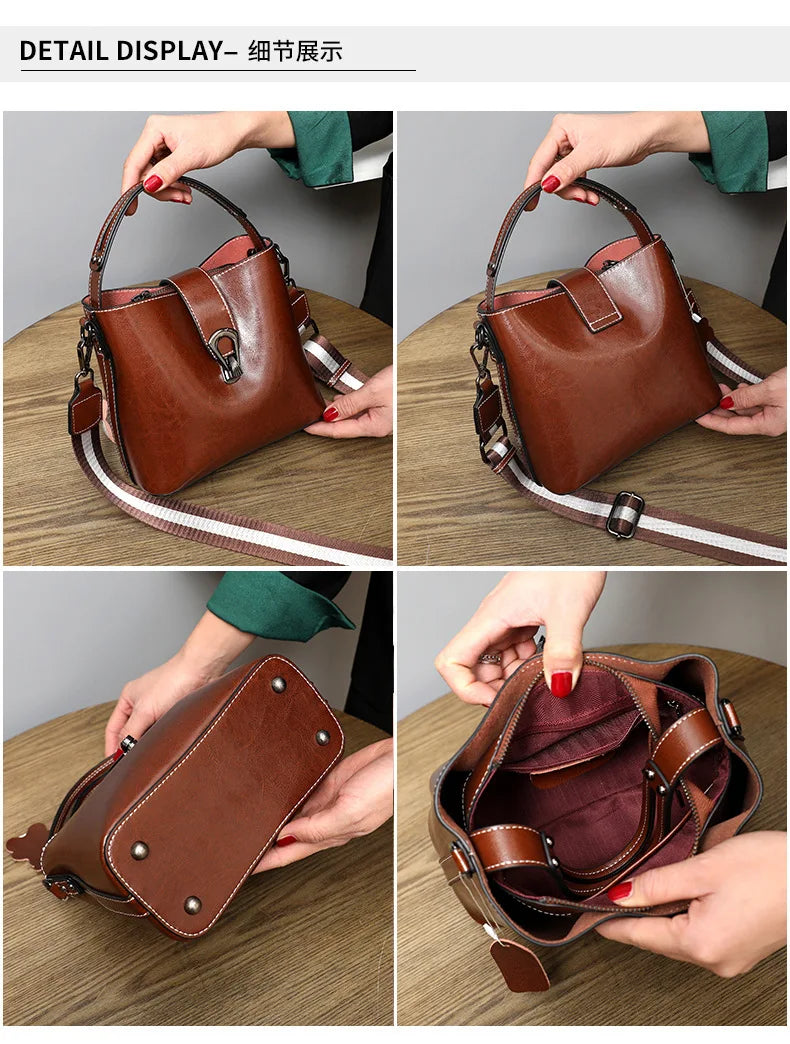 Real Oil Wax Leather Women's Bucket Bag - Large Capacity Clean Vanilla Store
