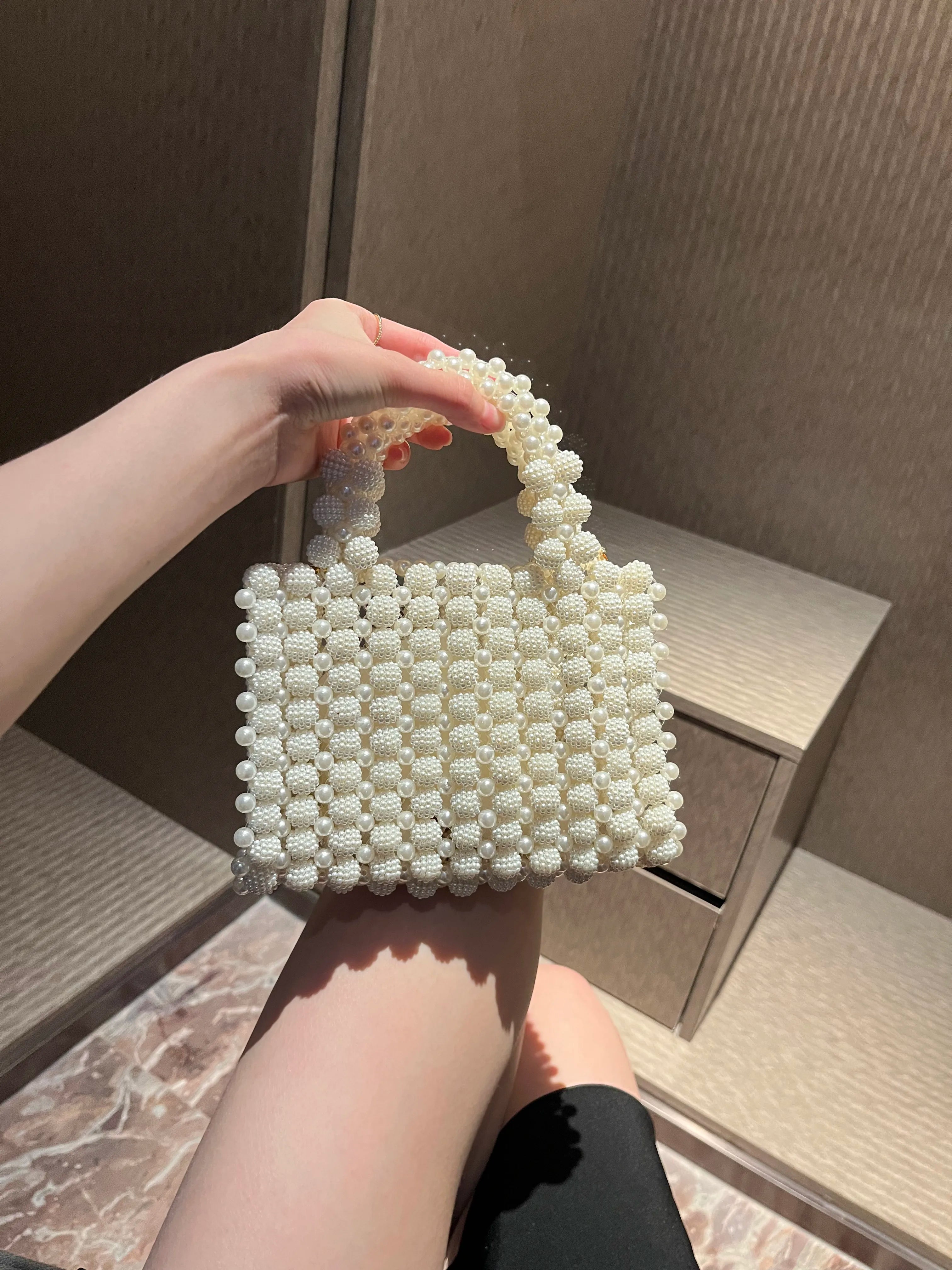 Noble Crystal Beaded Evening Bag with Pearl Chain Clean Vanilla Store