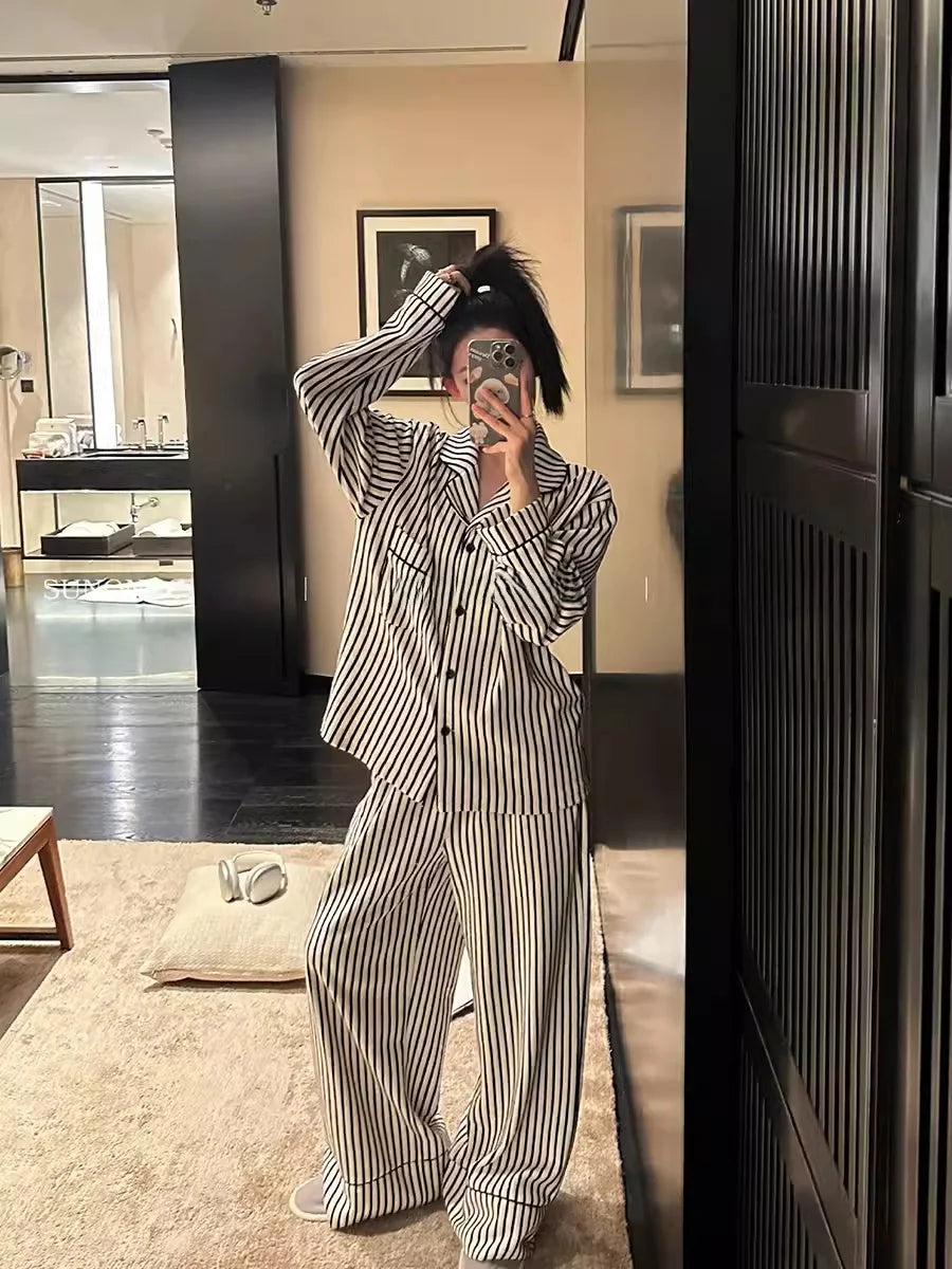 Luxury Striped Cotton Pajamas Women's Wide Leg Set Clean Vanilla Store