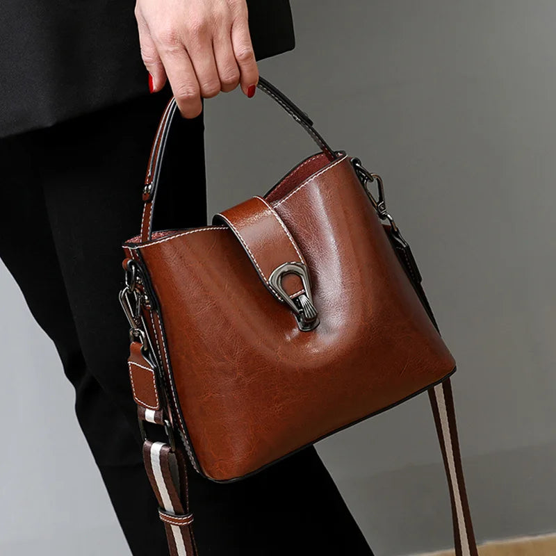 Real Oil Wax Leather Women's Bucket Bag - Large Capacity Clean Vanilla Store