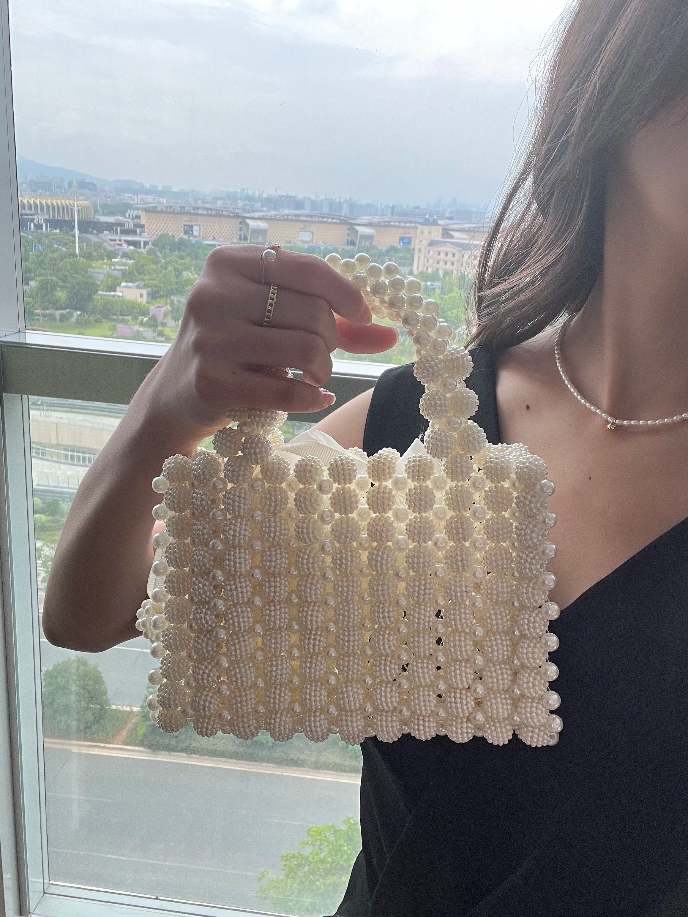 Noble Crystal Beaded Evening Bag with Pearl Chain Clean Vanilla Store