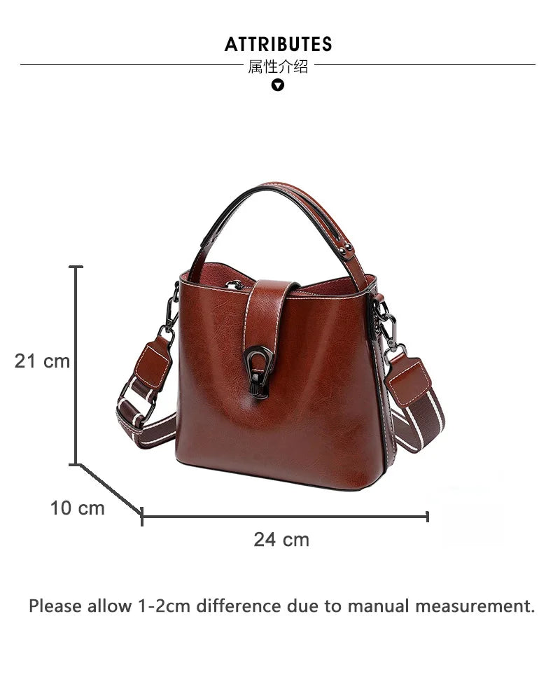 Real Oil Wax Leather Women's Bucket Bag - Large Capacity Clean Vanilla Store