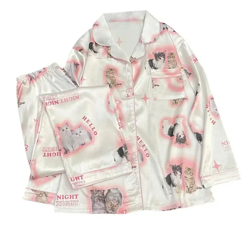 Kawaii Youth Girl's Cute Cat Satin PJs Set Clean Vanilla Store