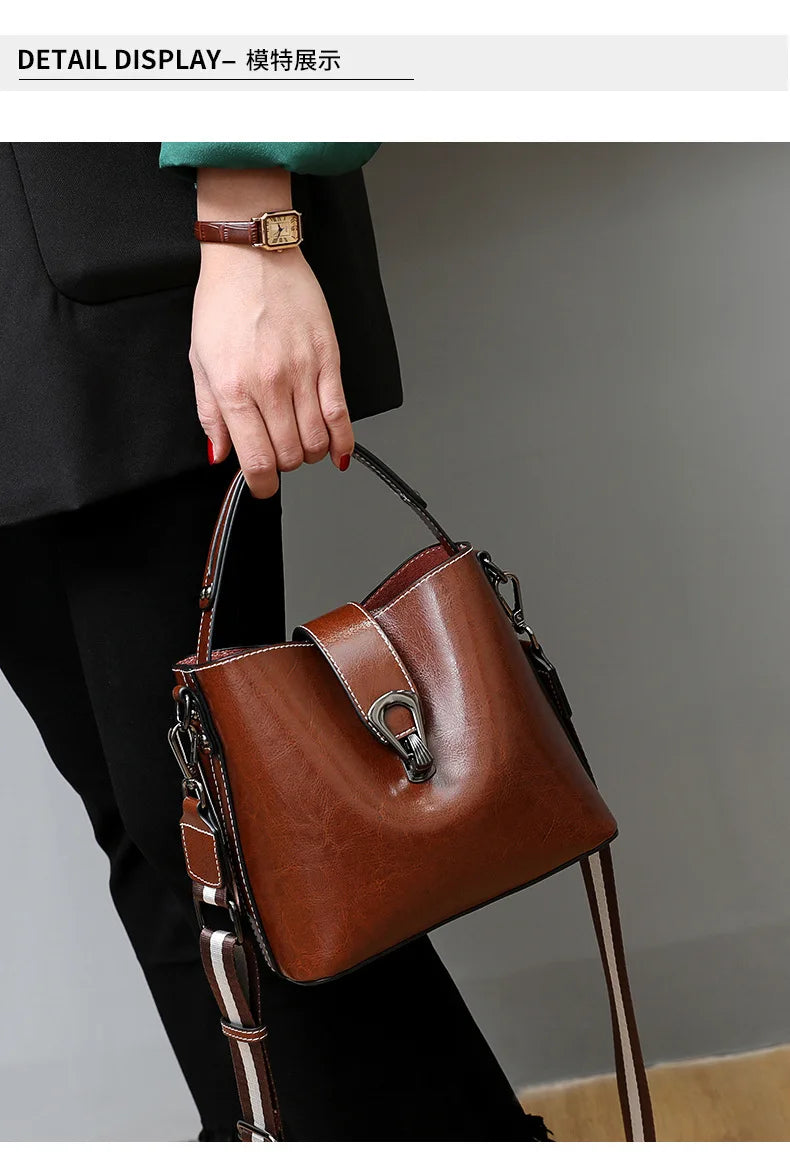 Real Oil Wax Leather Women's Bucket Bag - Large Capacity Clean Vanilla Store