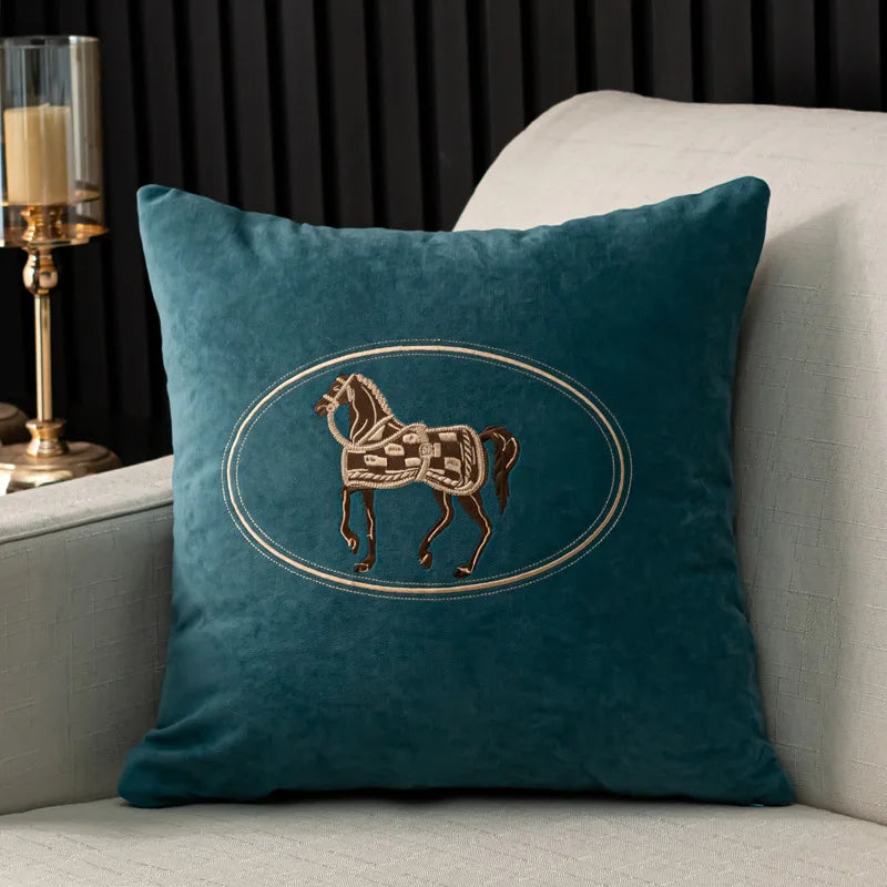 American Hand-Embroidered Cushion Cover Horse Pattern 45cm Clean Vanilla Store