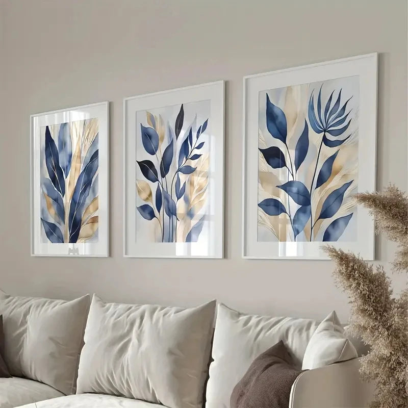 Frameless Blue Light Gold Watercolor Plants Art 3 Pcs Set Clean Vanilla Store