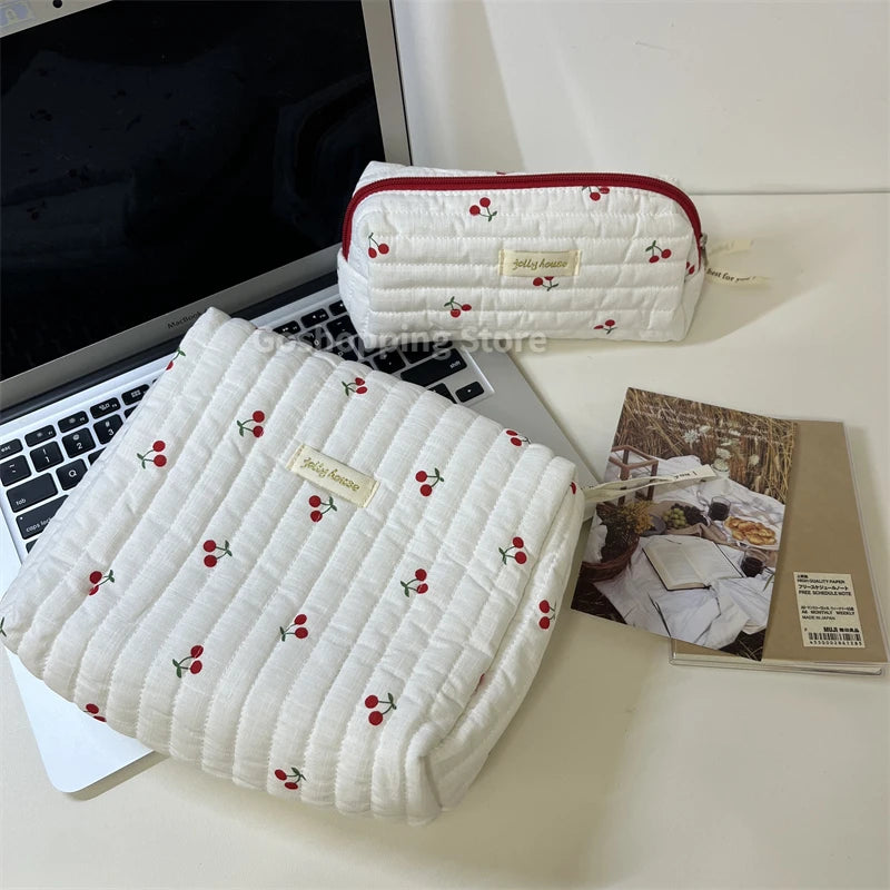 Quilted Cotton Retro Cherry Travel Cosmetic Bag Clean Vanilla Store