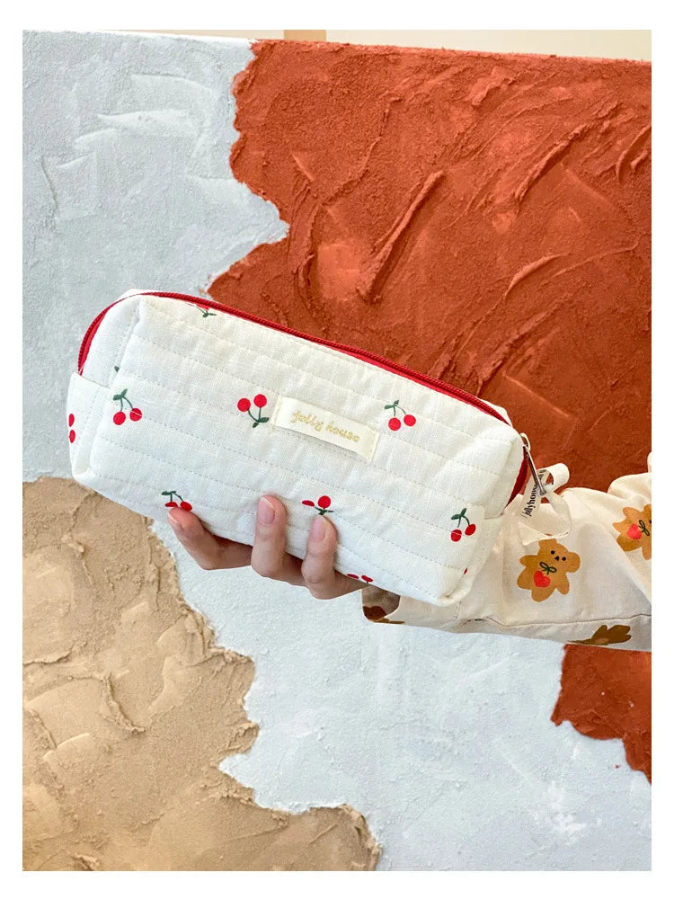 Quilted Cotton Retro Cherry Travel Cosmetic Bag Clean Vanilla Store