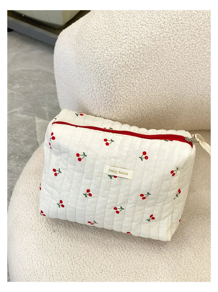 Quilted Cotton Retro Cherry Travel Cosmetic Bag Clean Vanilla Store