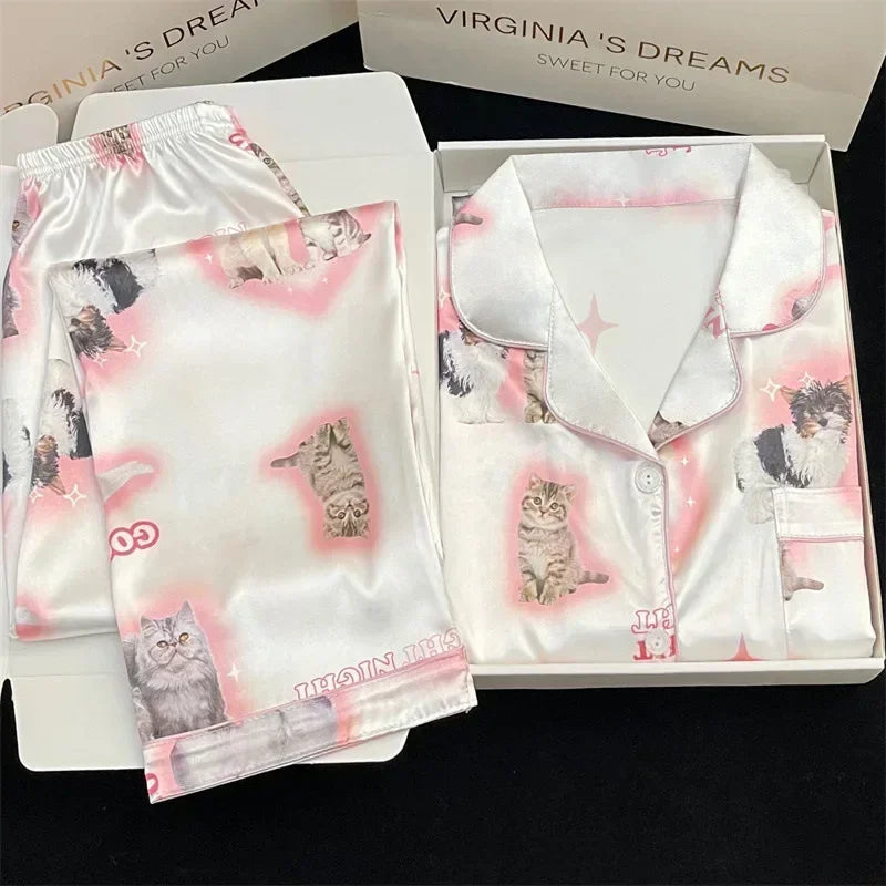 Kawaii Youth Girl's Cute Cat Satin PJs Set Clean Vanilla Store