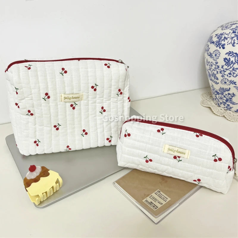 Quilted Cotton Retro Cherry Travel Cosmetic Bag Clean Vanilla Store