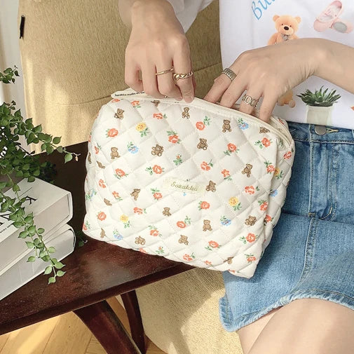 Quilted Cotton Retro Cherry Travel Cosmetic Bag Clean Vanilla Store