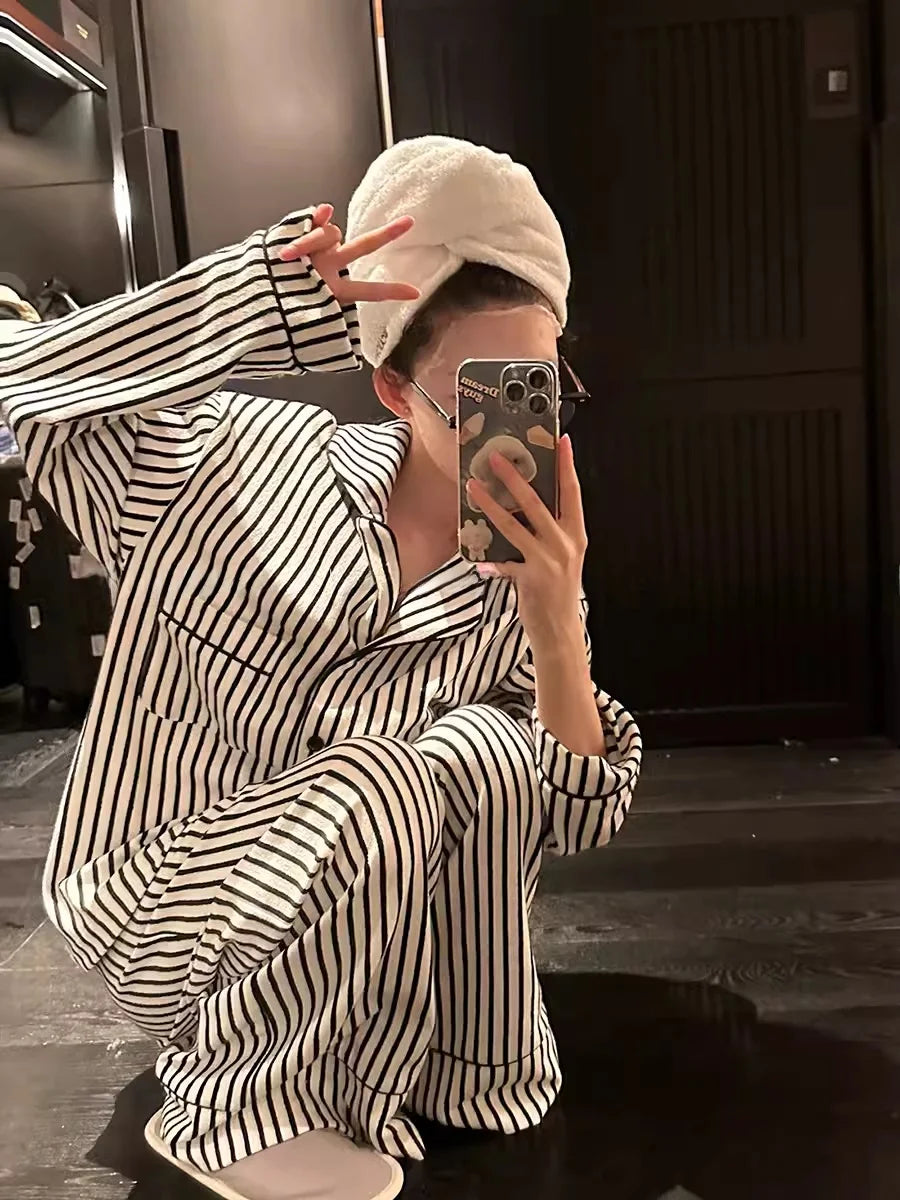 Luxury Striped Cotton Pajamas Women's Wide Leg Set Clean Vanilla Store