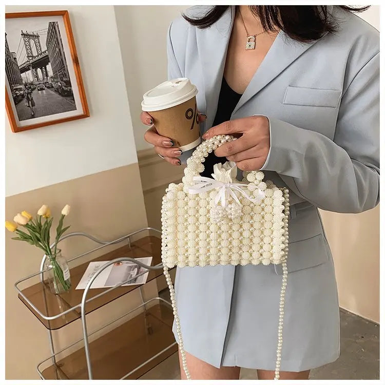 Noble Crystal Beaded Evening Bag with Pearl Chain Clean Vanilla Store
