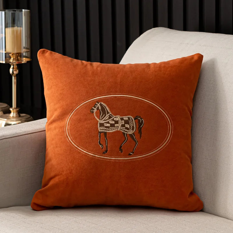 American Hand-Embroidered Cushion Cover Horse Pattern 45cm Clean Vanilla Store