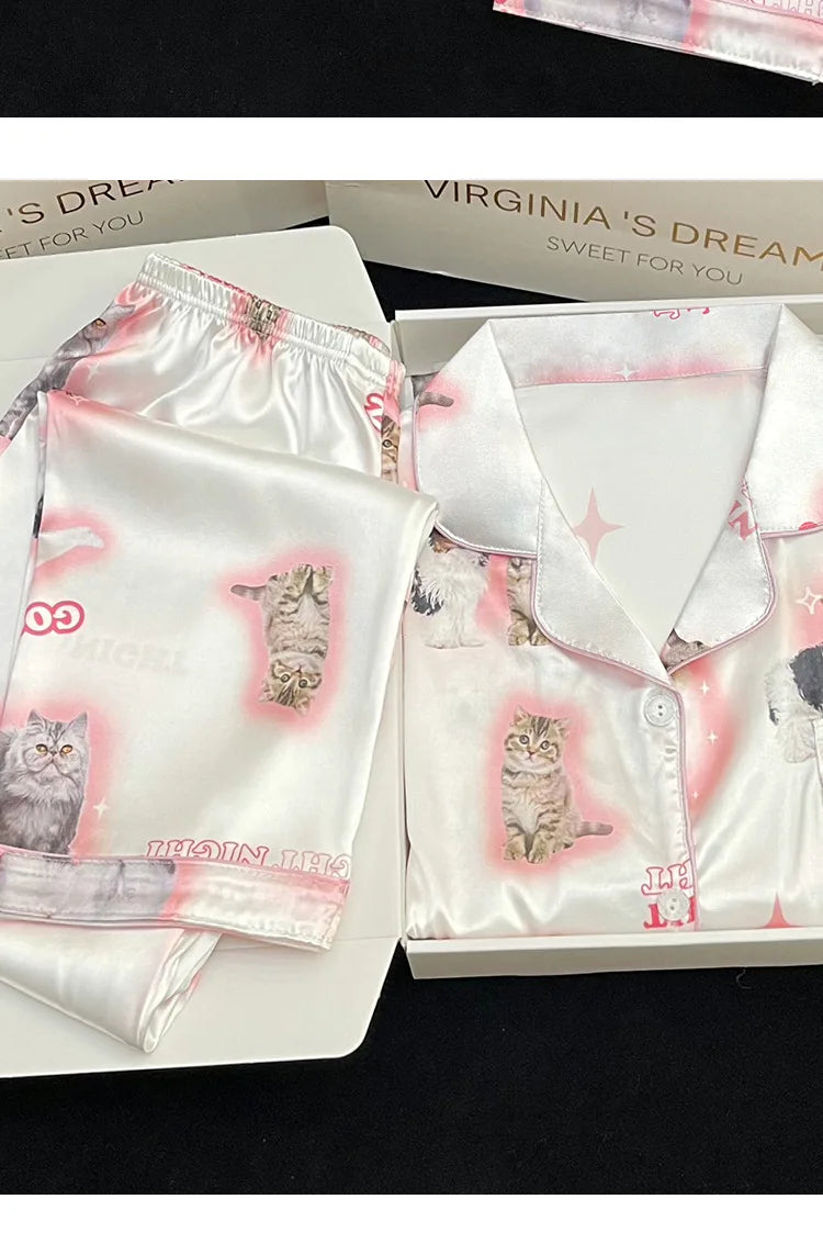 Kawaii Youth Girl's Cute Cat Satin PJs Set Clean Vanilla Store