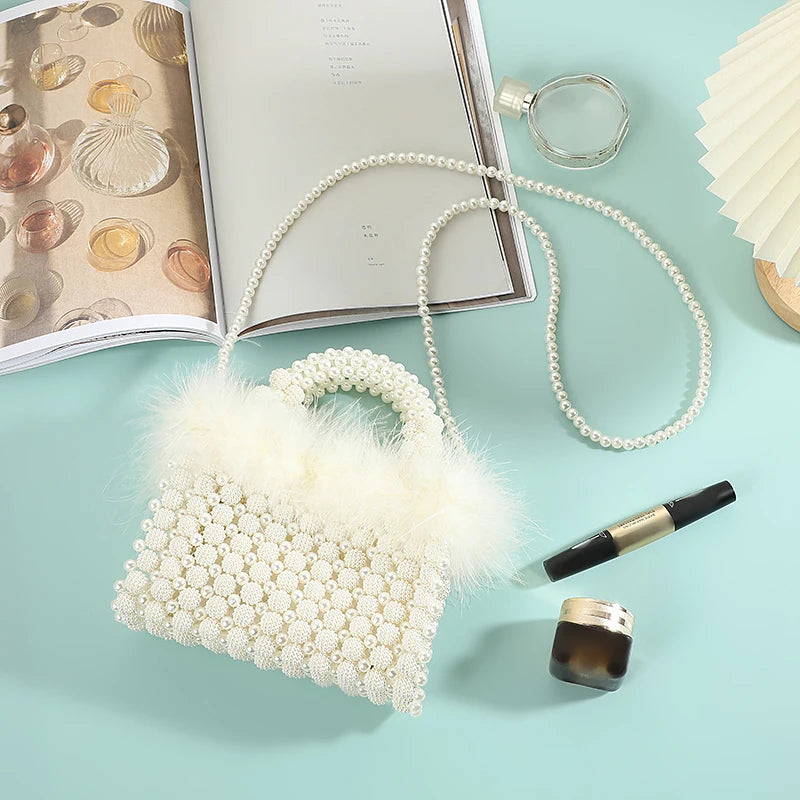 Noble Crystal Beaded Evening Bag with Pearl Chain Clean Vanilla Store