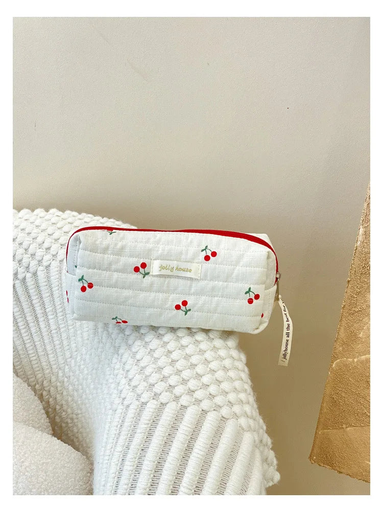 Quilted Cotton Retro Cherry Travel Cosmetic Bag Clean Vanilla Store