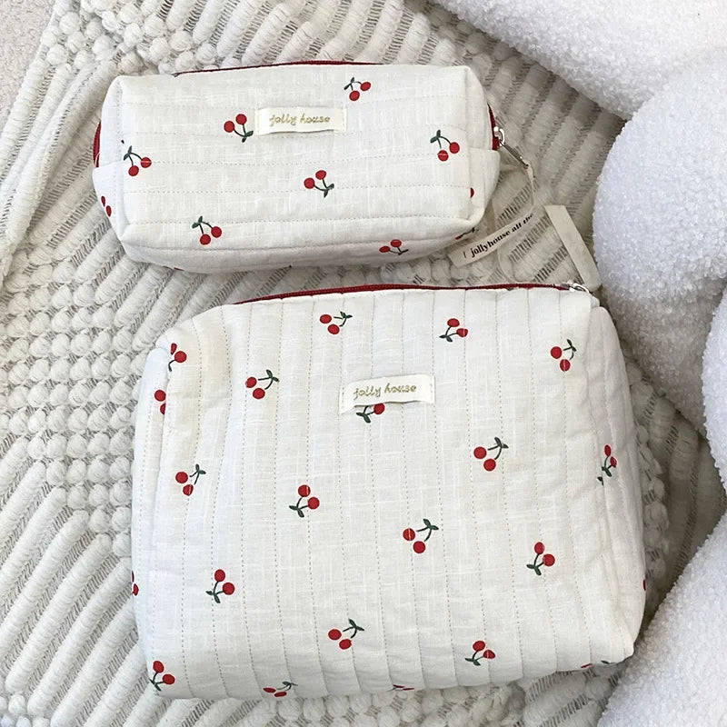 Quilted Cotton Retro Cherry Travel Cosmetic Bag Clean Vanilla Store