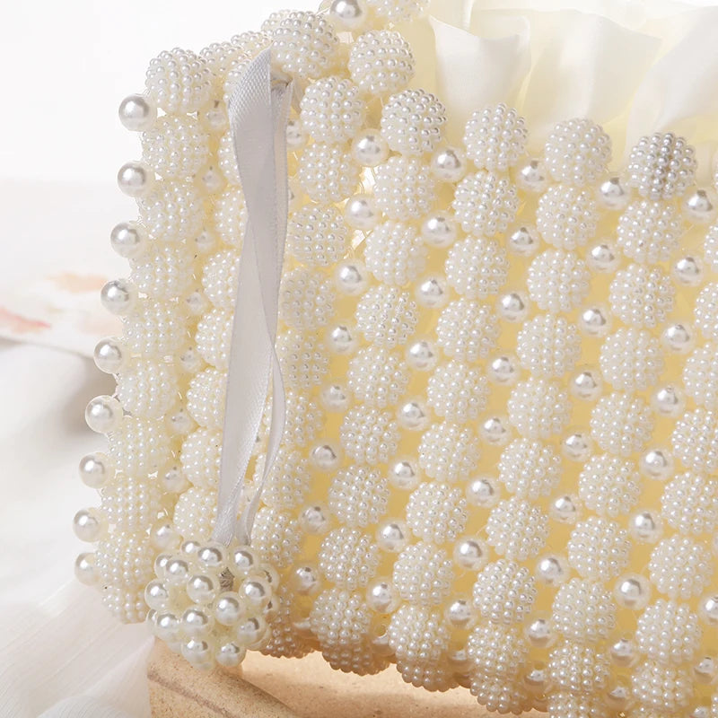 Noble Crystal Beaded Evening Bag with Pearl Chain Clean Vanilla Store