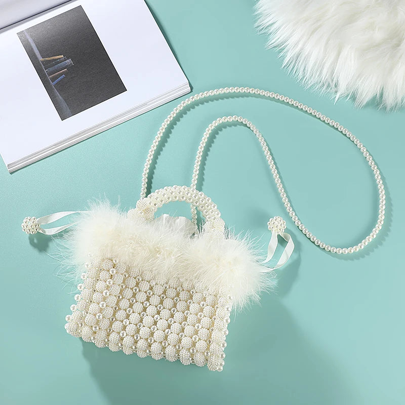Noble Crystal Beaded Evening Bag with Pearl Chain Clean Vanilla Store