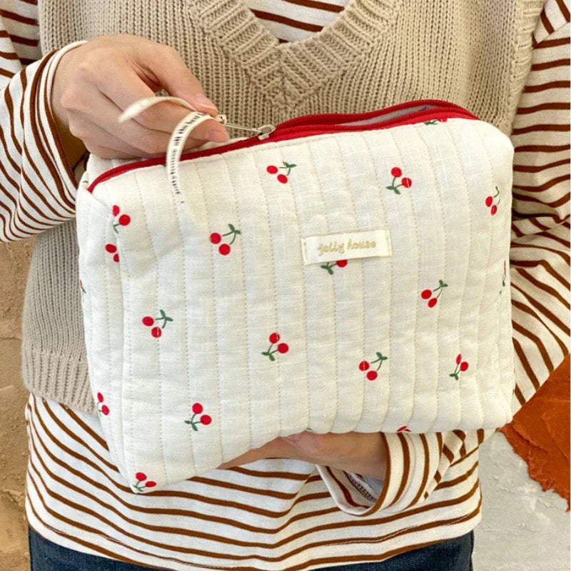 Quilted Cotton Retro Cherry Travel Cosmetic Bag Clean Vanilla Store