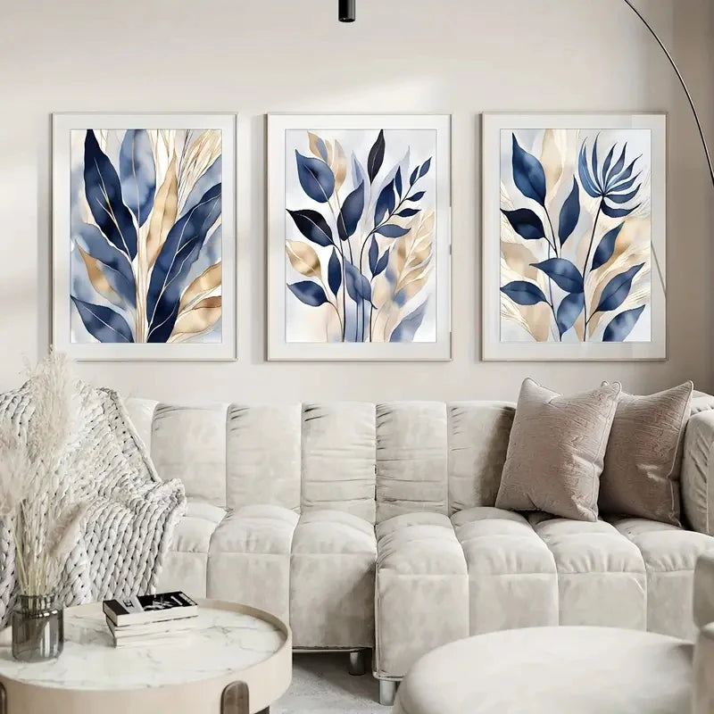 Frameless Blue Light Gold Watercolor Plants Art 3 Pcs Set Clean Vanilla Store