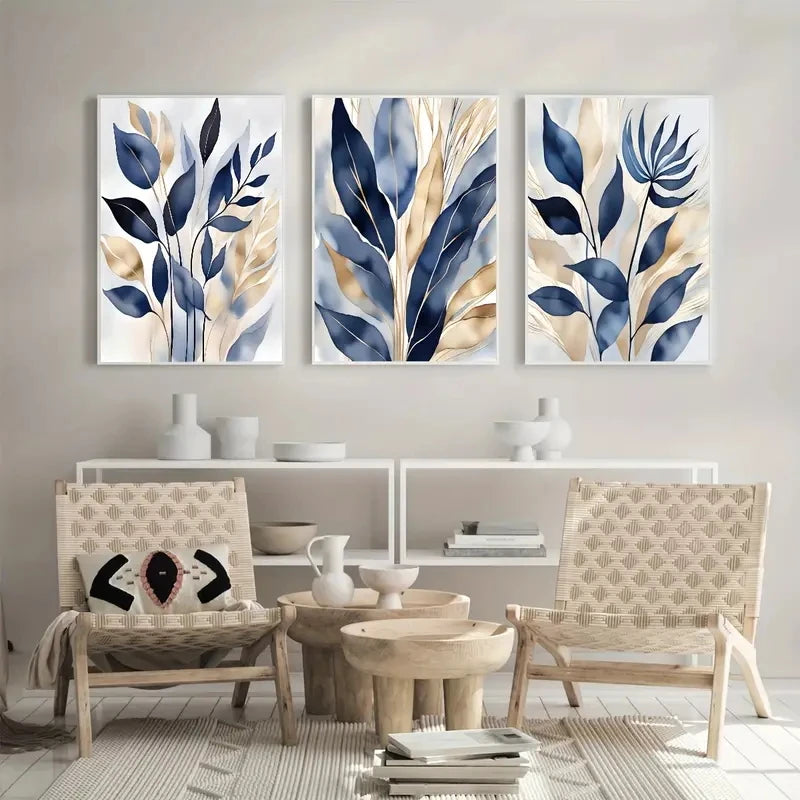 Frameless Blue Light Gold Watercolor Plants Art 3 Pcs Set Clean Vanilla Store