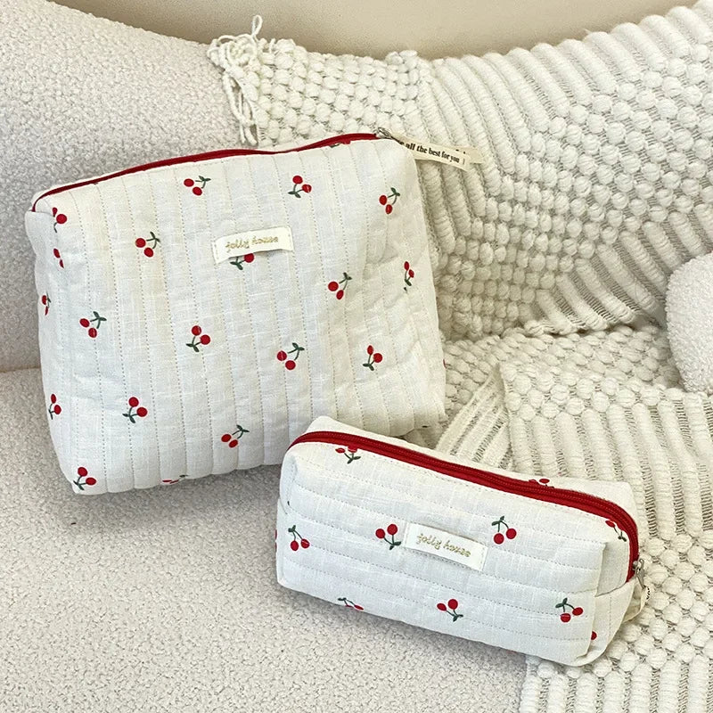 Quilted Cotton Retro Cherry Travel Cosmetic Bag Clean Vanilla Store