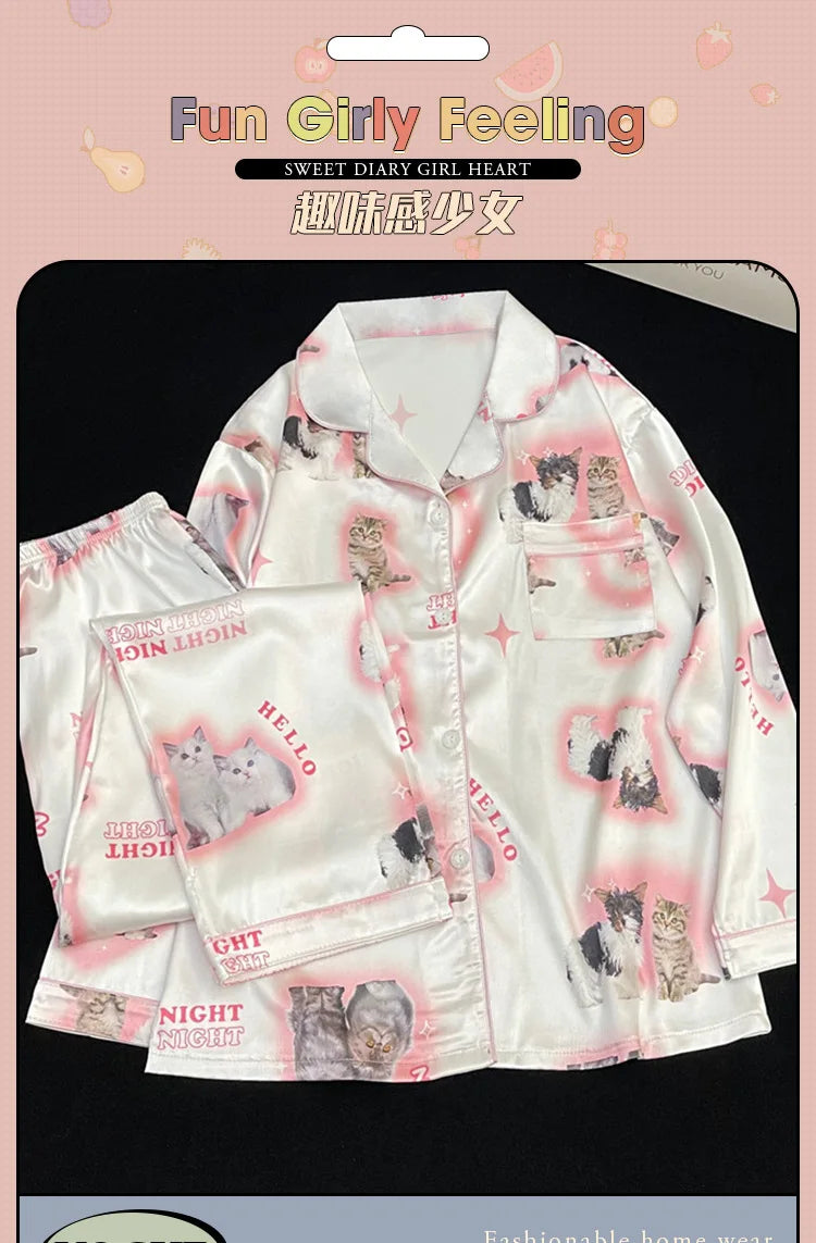 Kawaii Youth Girl's Cute Cat Satin PJs Set Clean Vanilla Store