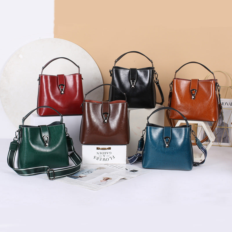 Real Oil Wax Leather Women's Bucket Bag - Large Capacity Clean Vanilla Store
