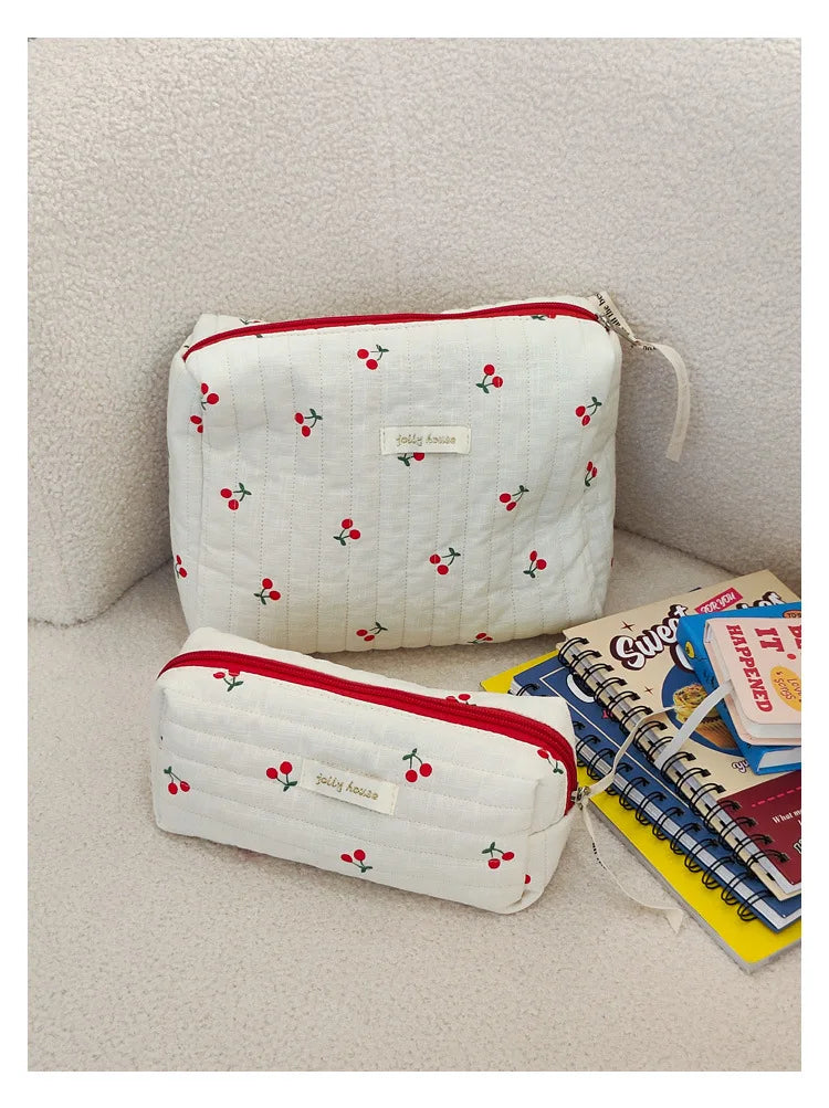 Quilted Cotton Retro Cherry Travel Cosmetic Bag Clean Vanilla Store