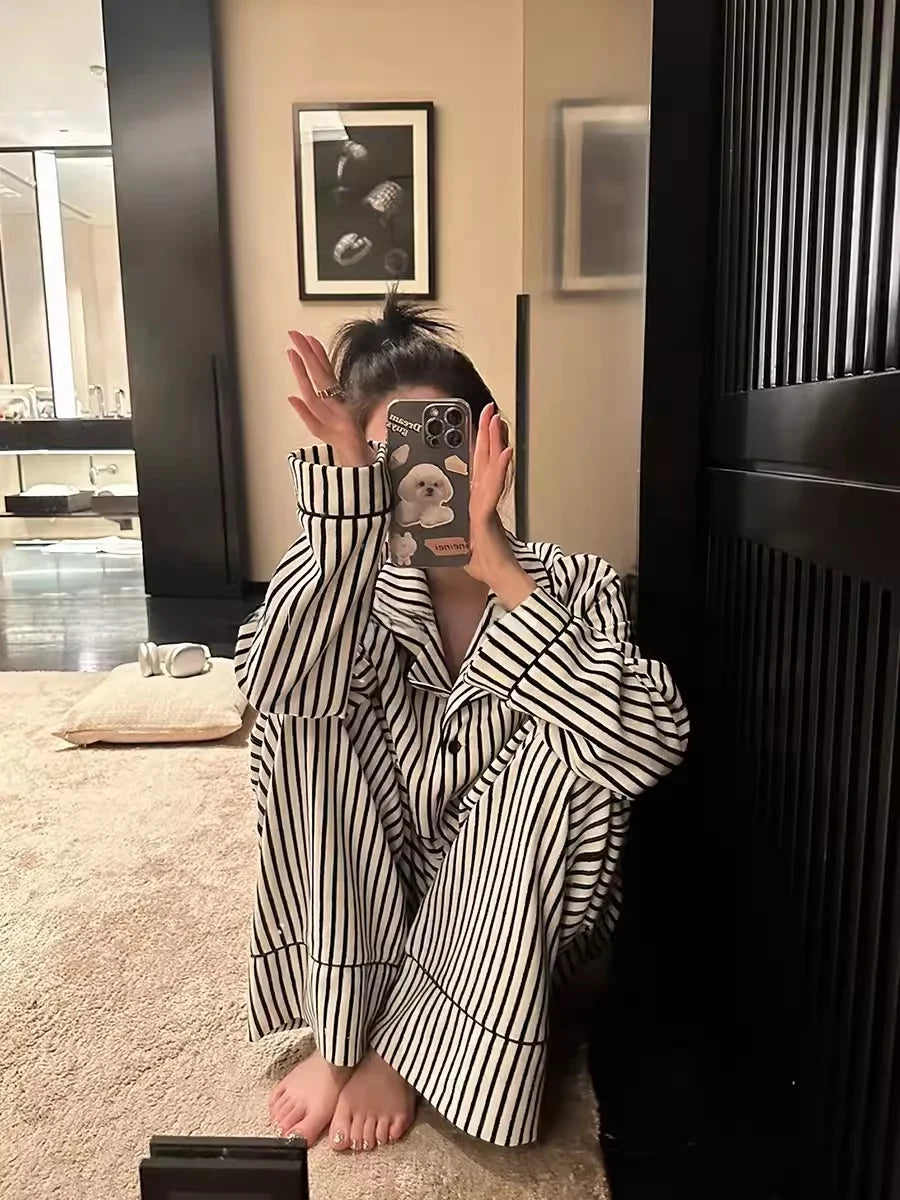 Luxury Striped Cotton Pajamas Women's Wide Leg Set Clean Vanilla Store
