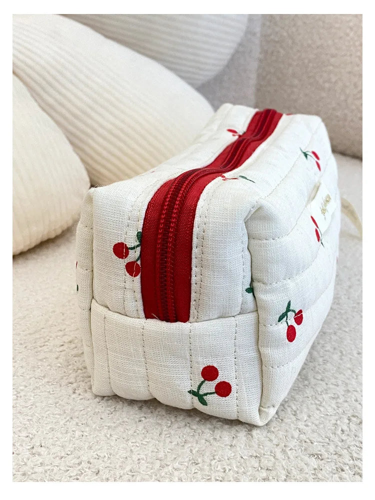 Quilted Cotton Retro Cherry Travel Cosmetic Bag Clean Vanilla Store