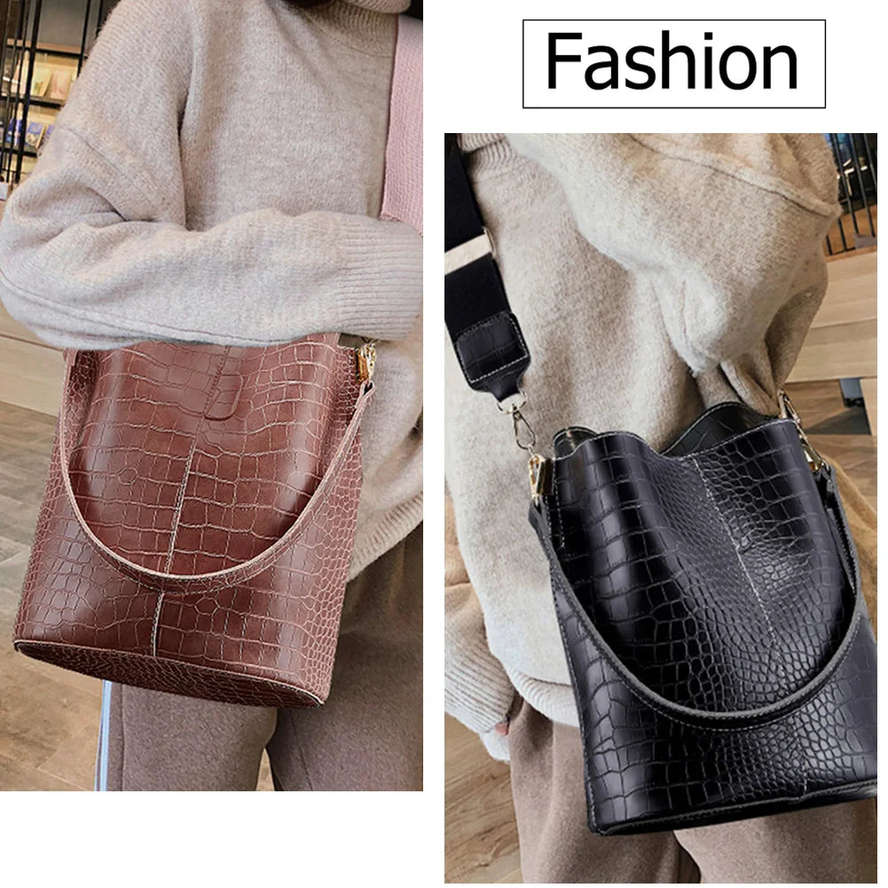 Large-Capacity Crocodile Pattern Leather Crossbody Bag Clean Vanilla Store