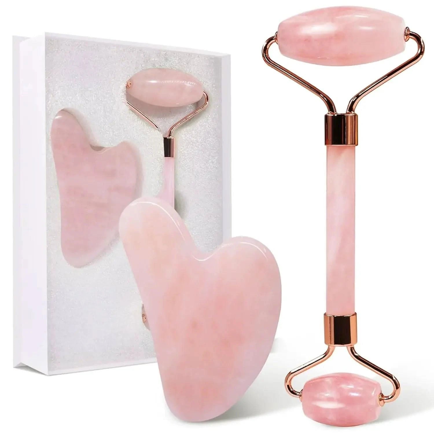 Natural Pink Rose Roller Gua Sha Set for Face Lifting Clean Vanilla Store